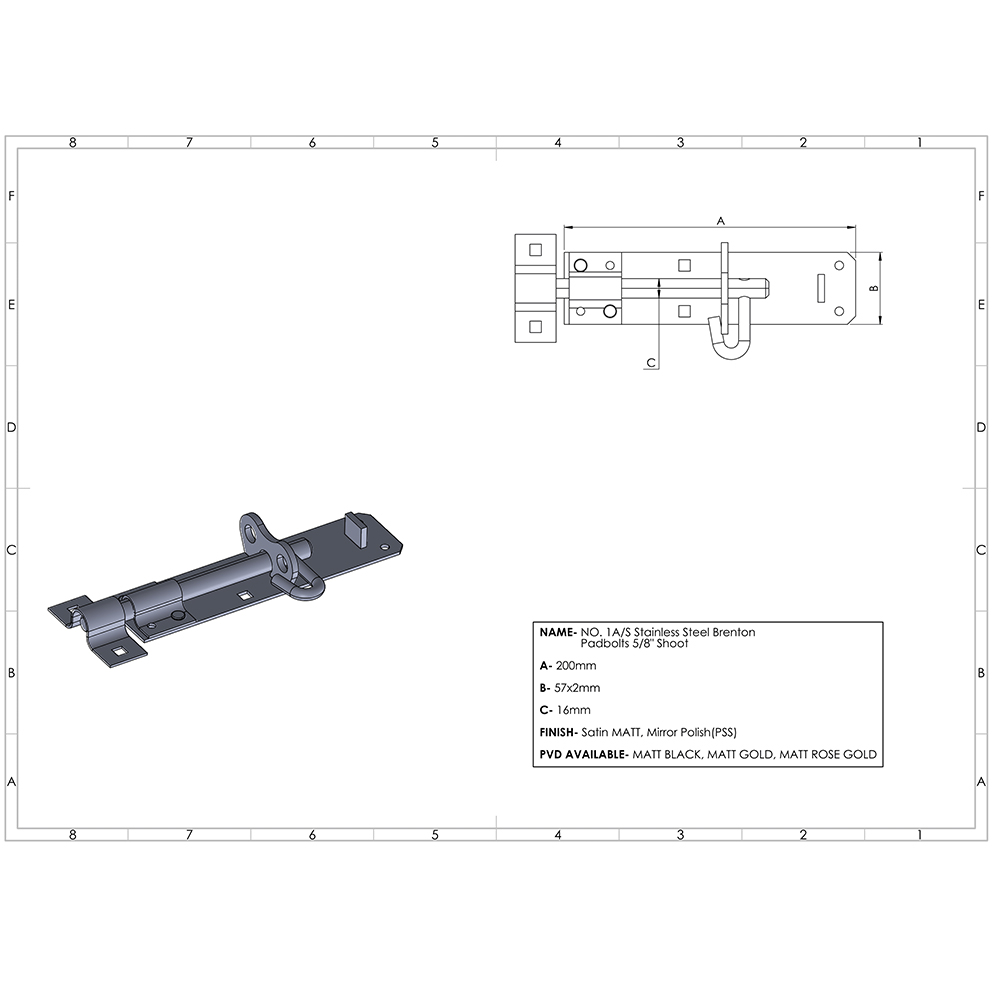 No. 1A/S Stainless Steel Brenton Padbolts 5/8" Shoot