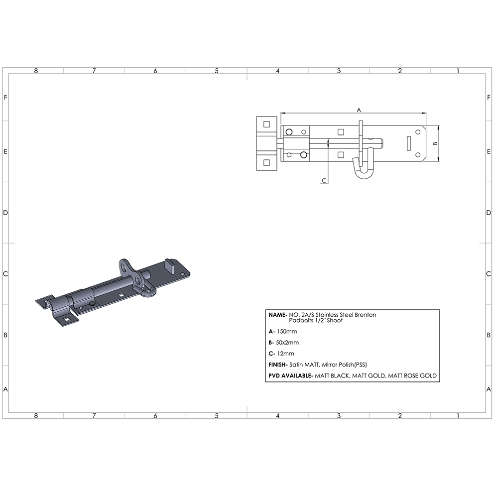 No. 2A/S Stainless Steel Brenton Padbolts 1/2" Shoot