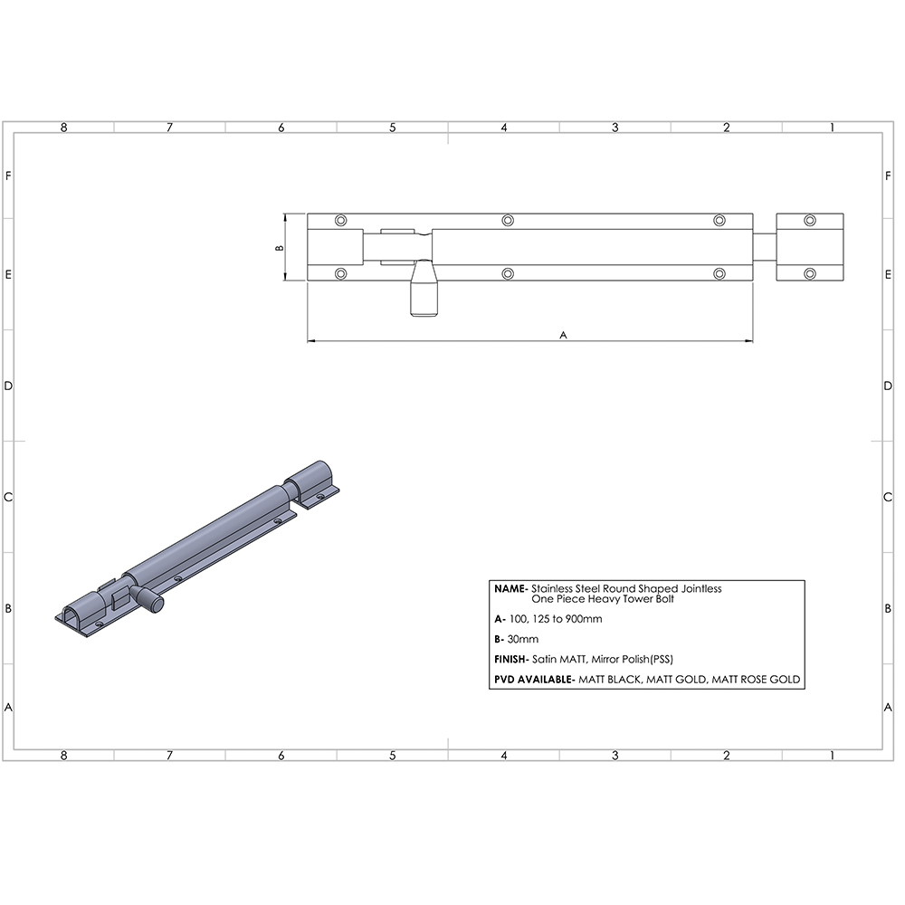 Stainless Steel Round Shaped Jointless One Piece Heavy Tower Bolt